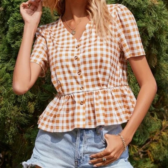 Light Brown/White Gingham Blouse in XL - Picture 3 of 3